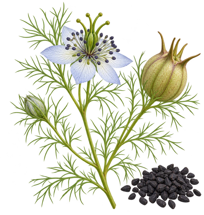 Black seed, Nigella sativa, with its flower, seed pod and seeds